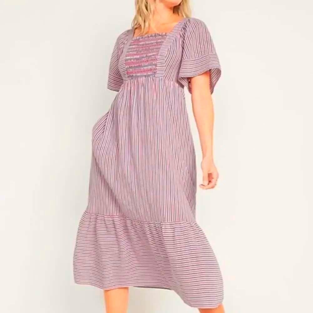 Old Navy Flowy Midi Dress Plus Size 4X Red White Blue Striped Smocked NWT